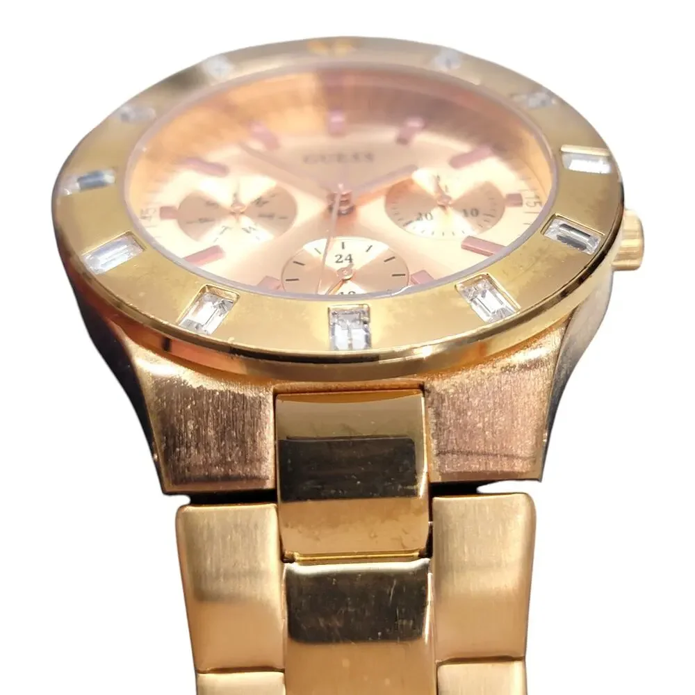 Guess Waterpro Womens Watch Rose Gold Tone Baguette Crystal Bezel Day Date